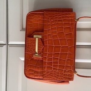 Tangerine orange Leather embossed suede lined shoulder/cross body hand bag